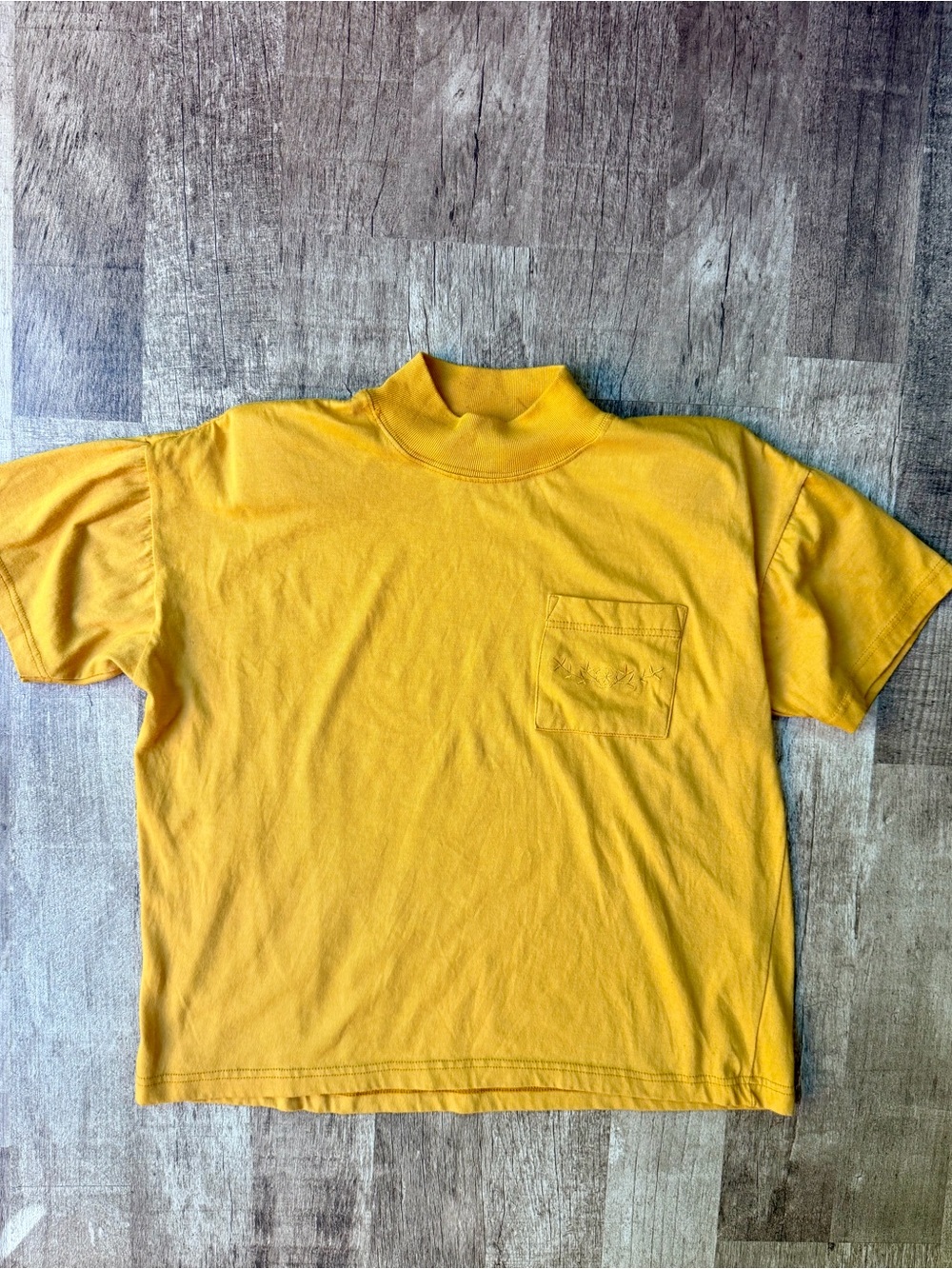 Vintage Gold Yellow Mock Neck Short Sleeve T-Shirt Chest Pocket Embroidered